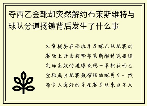 夺西乙金靴却突然解约布莱斯维特与球队分道扬镳背后发生了什么事 夺西乙金靴却突然解约布莱斯维特与球队分道扬镳背后发生了什么事