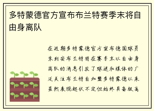 多特蒙德官方宣布布兰特赛季末将自由身离队